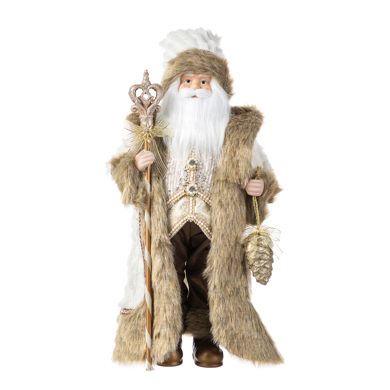 Glitzhome® 18"H Faux Fur Christmas Brown Woodland Santa Figurine with Porcelain Face